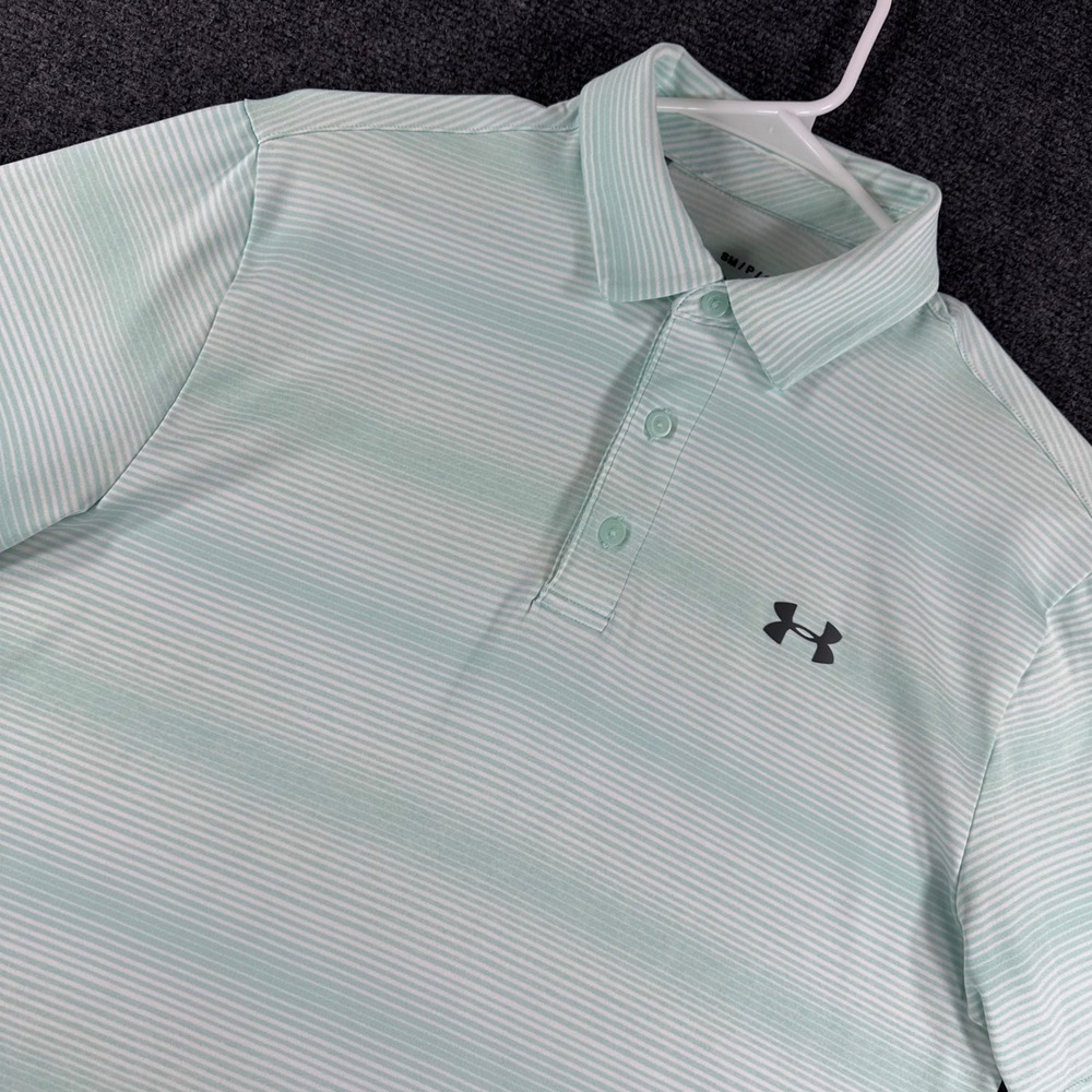 Under Armour Polo Shirt Mens S Small Mint Green Striped Playoff HeatGear Golf